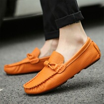 Hong Kong Genuine Leather Casual Leather Shoes Small Code White Bean Bean Shoes Mens Head Layer Pure Cow Leather Orange Color High-end Winter Sloth Shoes