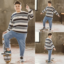 Male Great Boy Spring Dress Long Sleeve Hooded Sweatshirt Fat Boy Clothing Boy Spring Blouse Tide Teen Casual Striped T-shirt