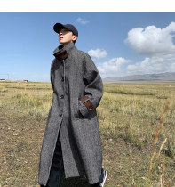 @小西 Retro herringbone woolen coat mens Korean version of the autumn and winter mid-length tide brand over-the-knee trench coat woolen coat