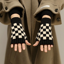 ins knitting board girls half finger gloves typed semi - cut red students write black and white