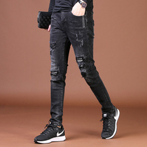 Mens black ripped jeans mens 2021 new summer thin section loose tide brand stretch slim-fit small pants