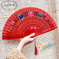 Red dancing fan double-sided pattern Spanish wooden fan dance fan cheongsam show performance fan wedding red fan