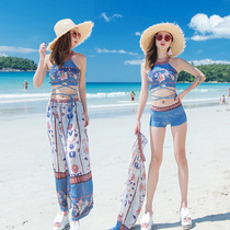Boho blue beach blouse Swimsuit female long dress conservative belly cover thin bikini three-piece flat angle