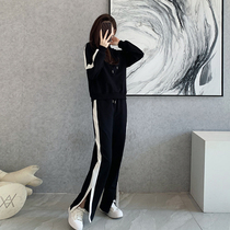 Sports Suit Women's Spring and Autumn 2022 Tide Brand Loose Fashion Wide Leg Pants Foreign Style Age Reduction Wear Leisure Two-Piece Set