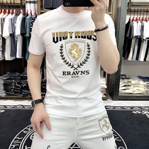 Summer New Tide Fashion Short Sleeve T-shirt Mens European Station Traditional Trend Letter Embroidery Silk Cotton Half-sleeve