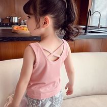 Girls summer Suspenders summer new sleeveless vest female baby children solid color leaky shoulder pure cotton childrens clothing top tide