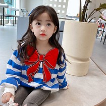 2021 Spring and Autumn new girl clothes Korean childrens coat princess wind stripe bow girl long sleeve tide