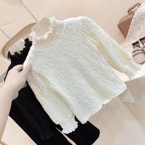 Childrens clothing 2021 autumn and winter New Girls Korean version of high neck plus velvet padded base shirt girl foreign style lace top