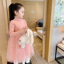 Plus velvet thickened 2021 autumn and winter New Girl princess dress skirt children wear foreign mesh yarn knitted dress
