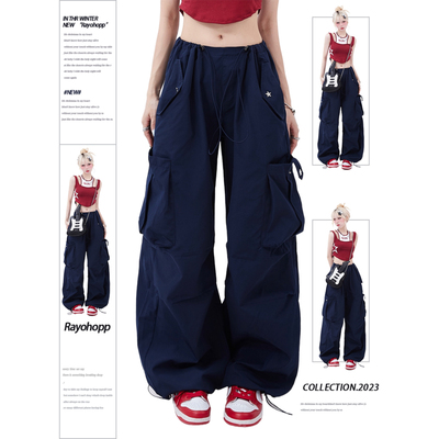 taobao agent Rayohopp casual pants female summer European and American street retro multi -pocket fold design loose drawing sports pants