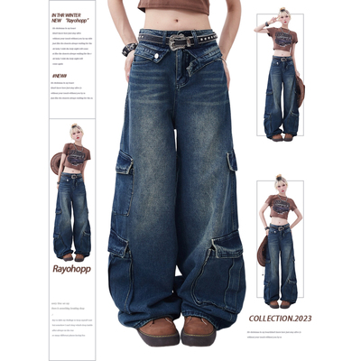 taobao agent Rayohopp jeans female summer tide retro multi -pocket flip cover design dopamine wearing straight trousers