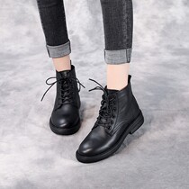 Leather low-top Martin boots Womens soft-soled cowhide small short boots winter plus velvet cotton shoes soft leather shoes spring and autumn single boots