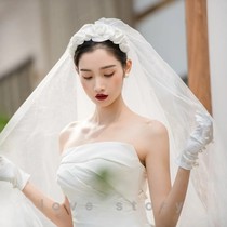 Veil headdress super Xian Sen Korean retro petal pearl hair band Veil long puffy white wedding gloves