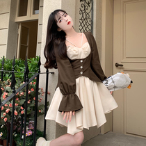 Big code Fat sister to receive waist display slim Dont make blouse Womens spring style design sensation irregular stack wearing fake two one-piece dress