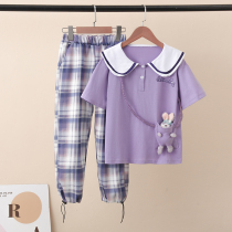 Girl Clothing Trendy Suit Foreign Air 2022 Summer New Tennis Red Cartoon Star Della Children Short Sleeves Two Sets Thin