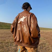 MAIKAO American retro embroidered baseball uniform for men and women loose 2022 spring and autumn new PU leather jacket coat