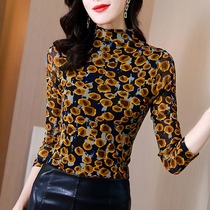 Autumn print fashion floral base shirt pullover womens top half high collar waist slim thin Noble T-shirt