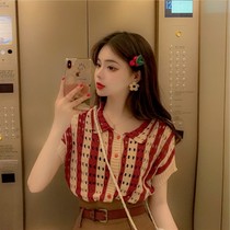 French retro striped ice silk knitted womens new 2022 summer design sense niche hollow short POLO tide