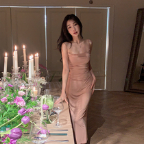 ACHI Great also pool pink harness double layer Modale dress with dress slug collar waist H type temperament slim and long skirt