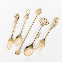 Japan imported creative retro English Afternoon Tea Flower handle mixing spoon stainless steel gilded small fork spoon
