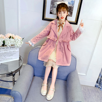 Girl lace trench coat 2021 spring new foreign style Korean version of childrens fashionable coat medium child spring and autumn coat