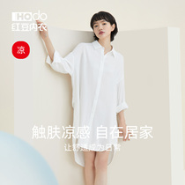 Red Bean Woman Sleeping Dress Long Sleeve Mid Length Sexy Boyfriend Wind Shirt Collar Pyjamas Summer Beating Bottoms Extras Wear Home Clothing