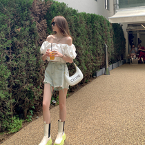 Six Jinjia gray and green high-waist denim shorts female hot girls summer thin wide-leg a-line burr hole hot pants trend