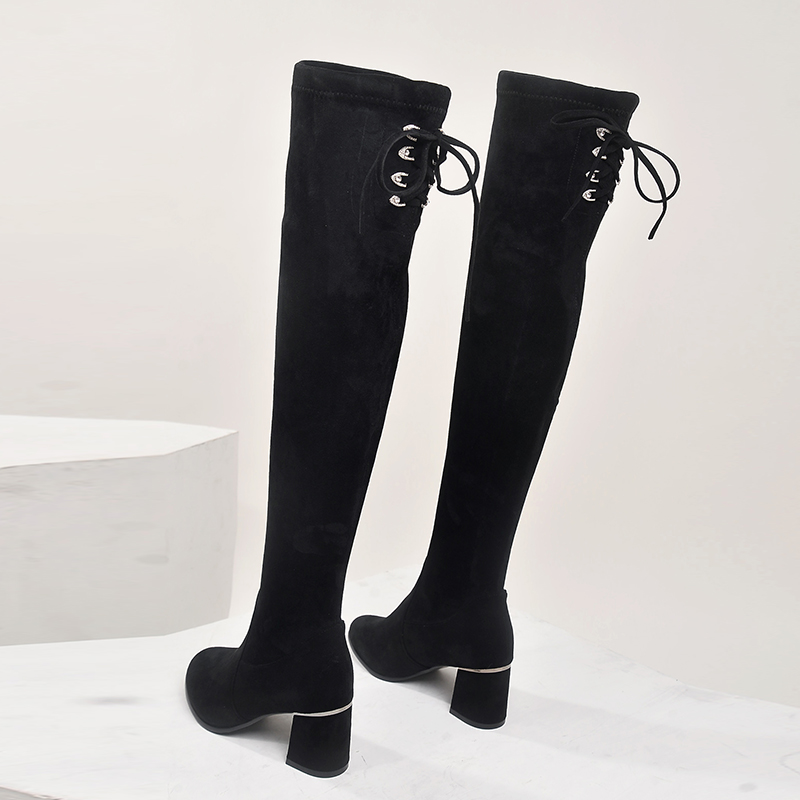 Autumn Winter 2019 new knee-length casual shoes womens plush black suede elastic womens boots trend plus-down shoes