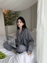 chao literary temperament ~ closed eyes into the Korean plaid loose early Autumn New lapel home clothing pajamas set