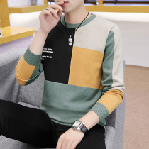 Round neck sweater mens spring and autumn new trend color match knit base shirt winter dress personality thread clothes thin