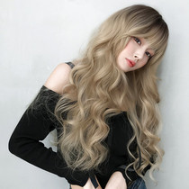Womens wig Womens full head cover style long hair Natural big waves Long curly hair Golden European and American air bangs can be tied