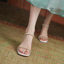 Givenivan fresh and wild ~ Pearl word with open toe high heel sandals female summer fairy wind thick heel 5 5cm