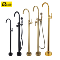 All copper gold hot and cold floor type bathtub faucet cylinder side simple independent wooden barrel column basin wall connected shower