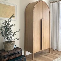 Nordic black walnut color double door wardrobe homestay wood color locker solid wood childrens wardrobe arched large cabinet