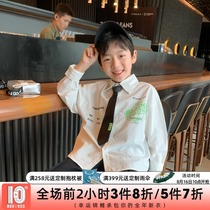 Beckham tide boys long-sleeved shirt autumn 2021 new childrens clothing childrens middle and large childrens printing white shirt tie