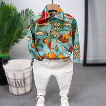 Mens baby Autumn shirt 2021 spring and autumn Korean version of boys retro pattern shirt boys handsome flower coat tide
