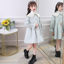 Girls long windbreaker 2020 Autumn and Winter new foreign style Girl big lapel temperament solid color cotton embroidery coat