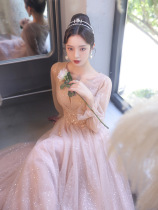 Pink Birthday Evening Gown Woman 2022 Banquet temperament Long sleeves Annual meeting Arts Examiners annual meeting evening gown