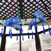 Kindergarten Chinese style bamboo folding fan charm classroom Blue and white handicrafts Creative wall decoration pendant air