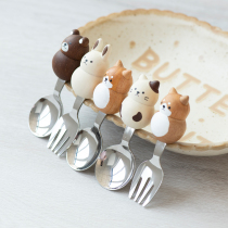 Japan imported cute rabbit Shiba dog children's rice spoon short handle supplementary food fork cake fork tea spoon Japanese cartoon tableware