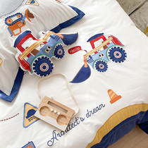 Cute cartoon excavator boy washed cotton four-piece set cotton cotton childrens three-piece quilt cover bedding