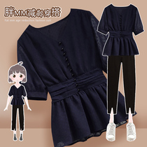 Large size womens summer fat mm thin cover belly French waist top Short sleeve Western style age-reducing shirt Chiffon shirt