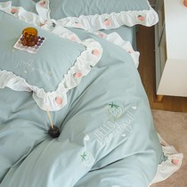 Cotton water wash cotton four-piece set Spring and Autumn 100 pure cotton net Red Girl heart nude sleeping bed sheets quilt cover bedding autumn 4