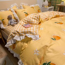 Korean cotton bedding four-piece girl cotton 100 sheets quilt cover student dormitory bed hats three-piece set 4