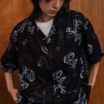 LR MADE21SS Retro Japanese ALOHA Hawaiian Cuban collar shirt Dark pattern full print Libra theme short sleeve