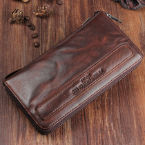  Handmade sheepskin retro long wallet mens zipper ruffle old female real leather soft youth clutch hand strap