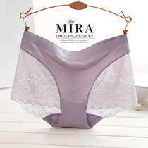 High end scratchless briefs female sexy lace mid waist breathable one-piece flat angle pants ice silk summer large yard crotch pure cotton