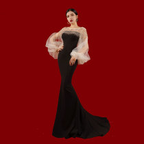 High-end Light Lavish Evening Dresses Temperament Bubble Sleeves Handmade Nails Pearl Fish Tail Long banquets Annual Meeting Chairs Wedding Dresses
