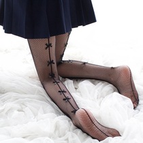 Black fishnet socks dark long bow socks Female j small grid jumpsuit fish hollow sexy stockings black silk