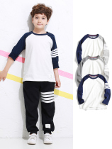 Next childrens clothing long staple cotton colorblock four bars ~ boys round neck long sleeve T-shirt middle and big Children Fashion base shirt top